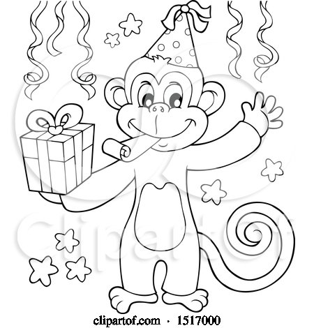 Clipart of a Black and White Birthday Party Monkey Holding a Gift - Royalty Free Vector Illustration by visekart