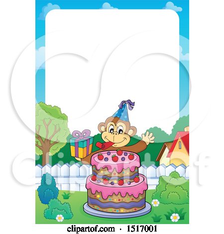 Clipart of a Border of a Birthday Party Monkey Holding a Gift over a Cake - Royalty Free Vector Illustration by visekart