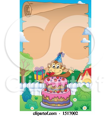 Clipart of a Parchment Scroll with a Birthday Party Monkey Holding a Gift over a Cake - Royalty Free Vector Illustration by visekart