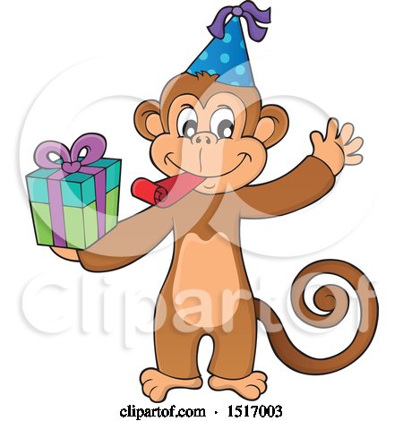 Clipart of a Birthday Party Monkey Holding a Gift - Royalty Free Vector Illustration by visekart