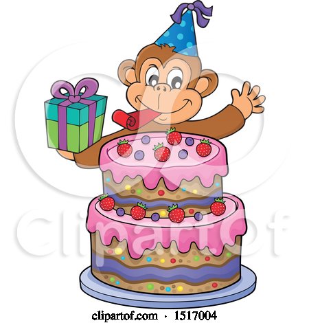 Clipart of a Birthday Party Monkey Holding a Gift over a Cake - Royalty Free Vector Illustration by visekart