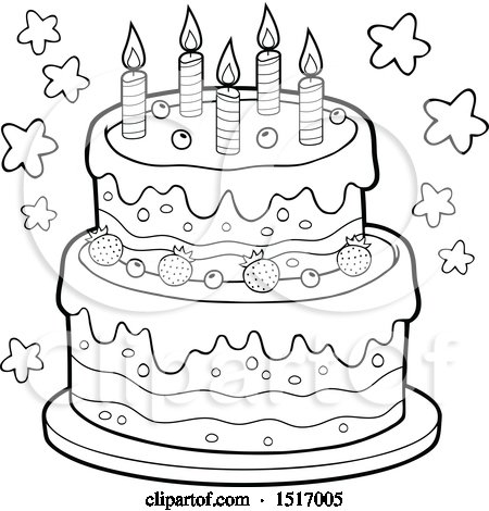 Clipart of a Black and White Birthday Cake - Royalty Free Vector Illustration by visekart