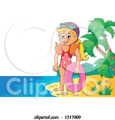 Clipart of a Girl with an Inner Tube on an Island Beach - Royalty Free Vector Illustration by visekart