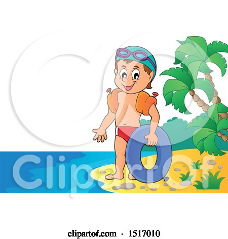 Clipart of a Boy with an Inner Tube on an Island Beach - Royalty Free Vector Illustration by visekart