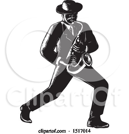 Clipart of a Jazz Musician Playing a Saxophone, in Black and White Woodcut - Royalty Free Vector Illustration by patrimonio