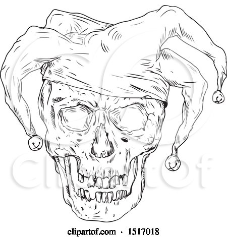 Clipart of a Jester Skull in Black and White - Royalty Free Vector Illustration by patrimonio