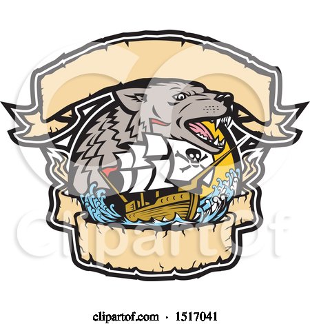 Clipart of a Galleon Pirate Ship with a Sea Wolf and Banners - Royalty Free Vector Illustration by patrimonio