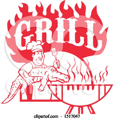 Clipart of a Red Male Chef Carrying and Alligator to a Football Shaped Bbq Under Grill Text Flames - Royalty Free Vector Illustration by patrimonio