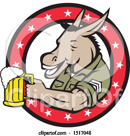 Clipart of a Military Donkey Holding a Beer Mug in a Star Ring - Royalty Free Vector Illustration by patrimonio