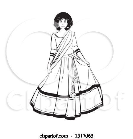 Clipart of a Black and White Woman in a Lehenga Skirt - Royalty Free Vector Illustration by Lal Perera