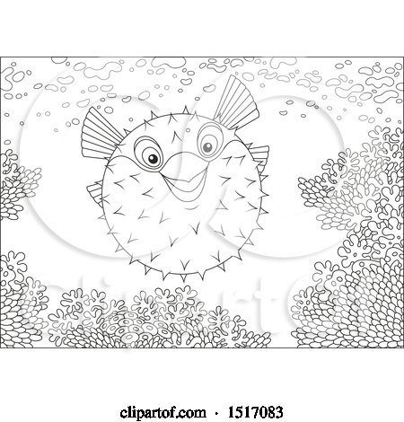 Clipart of a Black and White Blowfish at a Coral Reef - Royalty Free Vector Illustration by Alex Bannykh
