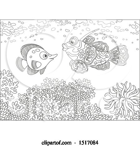 Clipart of a Black and White Butterflyfish and a Mandarin Fish at a Coral Reef - Royalty Free Vector Illustration by Alex Bannykh