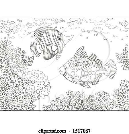 Clipart of a Black and White Butterfly Fish and a Clown Triggerfish at a Coral Reef - Royalty Free Vector Illustration by Alex Bannykh