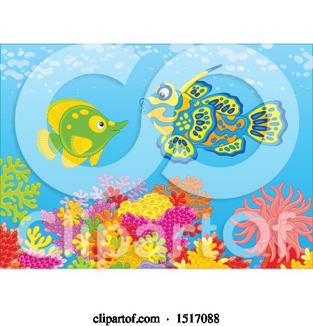 Clipart of a Butterflyfish and a Mandarin Fish at a Coral Reef - Royalty Free Vector Illustration by Alex Bannykh