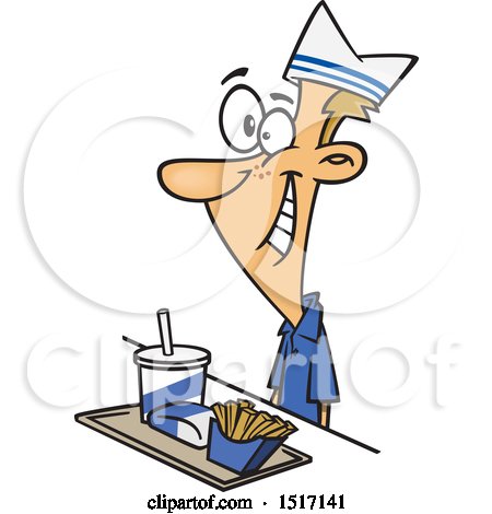 Clipart of a Cartoon White Fast Food Worker Guy with a Tray of Food at a Counter - Royalty Free Vector Illustration by toonaday