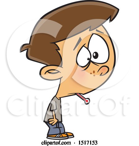 Clipart of a Cartoon Boy Sick with the Flu, a Thermometer in His Mouth - Royalty Free Vector Illustration by toonaday
