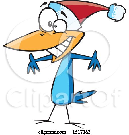 Clipart of a Cartoon Christmas Blue Bird Wearing a Santa Hat - Royalty Free Vector Illustration by toonaday