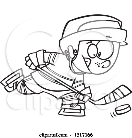 Clipart of a Cartoon Lineart Boy Playing Hockey - Royalty Free Vector Illustration by toonaday