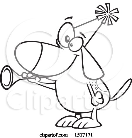 Clipart of a Cartoon Lineart New Years Dog Blowing a Horn - Royalty Free Vector Illustration by toonaday