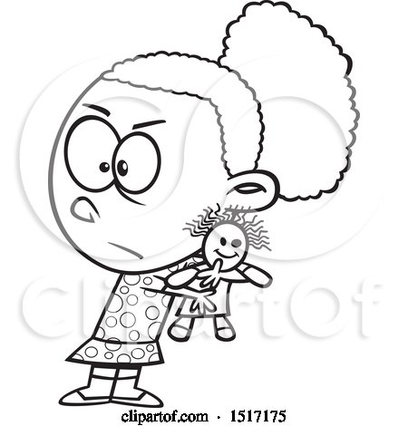 Clipart of a Cartoon Lineart Selfish Girl Refusing to Share a Doll - Royalty Free Vector Illustration by toonaday