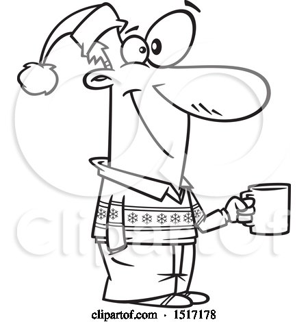 Clipart of a Cartoon Lineart Guy Wearing a Christmas Sweater and Santa Hat and Holding a Coffee Cup at a Party - Royalty Free Vector Illustration by toonaday