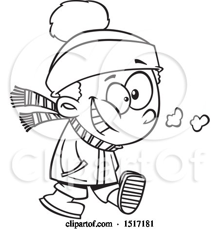 Clipart of a Cartoon Lineart Happy Boy Taking a Winter Stroll - Royalty Free Vector Illustration by toonaday