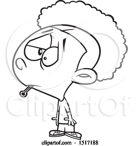 Clipart of a Cartoon Lineart Girl Sick with the Flu, a Thermometer in Her Mouth - Royalty Free Vector Illustration by toonaday