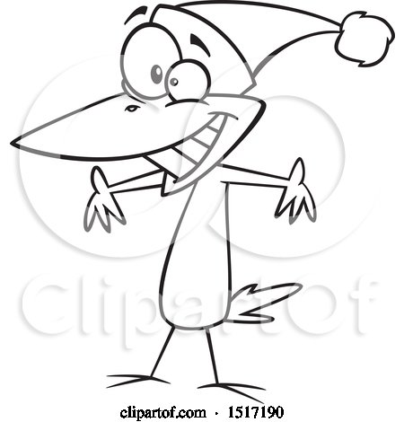 Clipart of a Cartoon Lineart Christmas Bird Wearing a Santa Hat - Royalty Free Vector Illustration by toonaday
