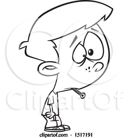 Clipart of a Cartoon Lineart Boy Sick with the Flu, a Thermometer in His Mouth - Royalty Free Vector Illustration by toonaday
