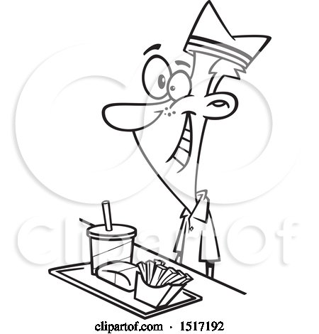 Clipart of a Cartoon Lineart Fast Food Worker Guy with a Tray of Food at a Counter - Royalty Free Vector Illustration by toonaday