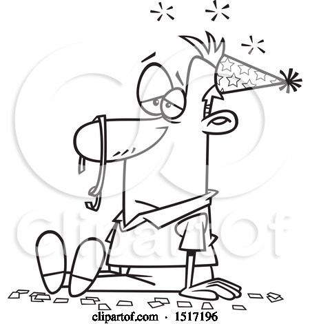 Clipart of a Cartoon Lineart Hung over Guy After a New Years Party - Royalty Free Vector Illustration by toonaday