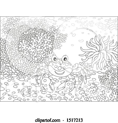 Clipart of a Black and White Happy Crab at a Coral Reef - Royalty Free Vector Illustration by Alex Bannykh