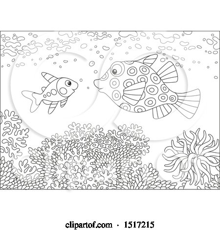 Clipart of a Black and White Boxfish and Xray Fish at a Coral Reef - Royalty Free Vector Illustration by Alex Bannykh