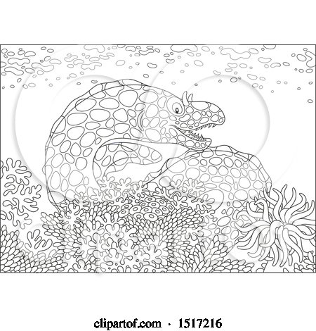 Clipart of a Black and White Moray Eel at a Coral Reef - Royalty Free Vector Illustration by Alex Bannykh