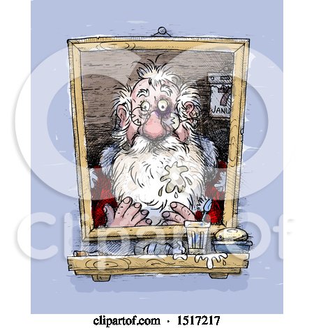 Clipart of a Sketched Santa Claus Looking in the Mirror After the Christmas Season - Royalty Free Illustration by Alex Bannykh