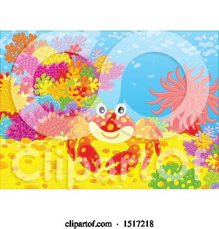 Clipart of a Happy Crab at a Coral Reef - Royalty Free Vector Illustration by Alex Bannykh