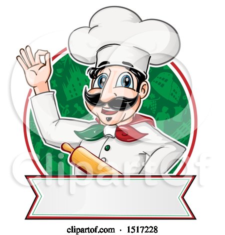 Clipart of a Happy Italian Chef Holding a Rolling Pin over a Circle of Icons and a Banner - Royalty Free Vector Illustration by Domenico Condello