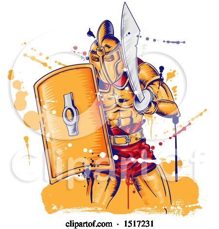 Clipart of a Roman Gladiator Warrior Holding a Sword and Shield, with Grunge - Royalty Free Vector Illustration by Domenico Condello