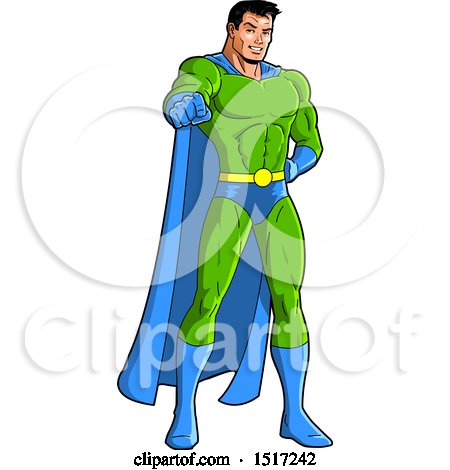 Clipart of a Muscular Male Super Hero Pointing Outwards - Royalty Free Vector Illustration by Clip Art Mascots