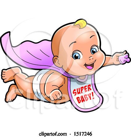 Clipart of a White Super Hero Baby Wearing a Bib and Flying with a Pacifier in Hand - Royalty Free Vector Illustration by Clip Art Mascots