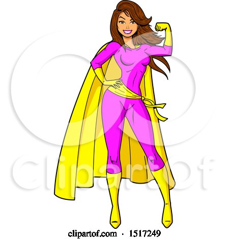 Clipart of a Strong Brunette White Female Super Hero Flexing Her Bicep - Royalty Free Vector Illustration by Clip Art Mascots