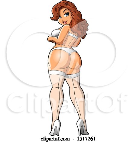 Clipart of a Sexy Curvy Plus Sized White Woman in Heels and Undergarments, Looking Back over Her Shoulder - Royalty Free Vector Illustration by Clip Art Mascots
