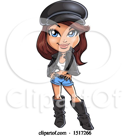 Clipart of a Blue Eyed Brunette Biker Chick Posing with Attitude - Royalty Free Vector Illustration by Clip Art Mascots