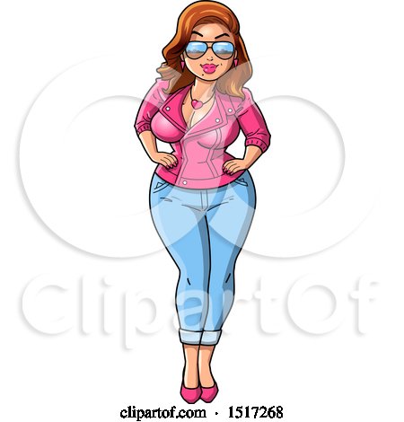 Clipart of a Sexy Volputuous White Woman Showing off Her Curves in a Pink Jacket and Jeans - Royalty Free Vector Illustration by Clip Art Mascots