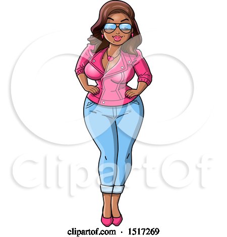 Clipart of a Sexy Volputuous Black Woman Showing off Her Curves in a Pink Jacket and Jeans - Royalty Free Vector Illustration by Clip Art Mascots
