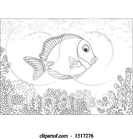 Clipart of a Black and White Powderblue Surgeonfish at a Reef - Royalty Free Vector Illustration by Alex Bannykh
