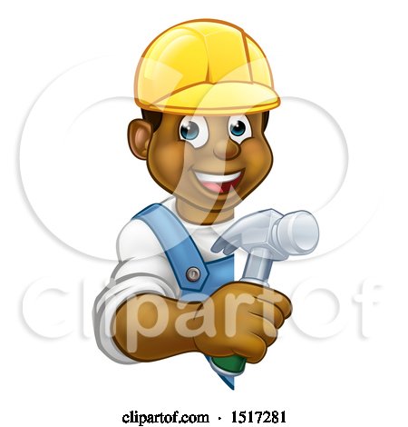 Clipart of a Happy Black Male Carpenter Holding a Hammer Around a Sign - Royalty Free Vector Illustration by AtStockIllustration