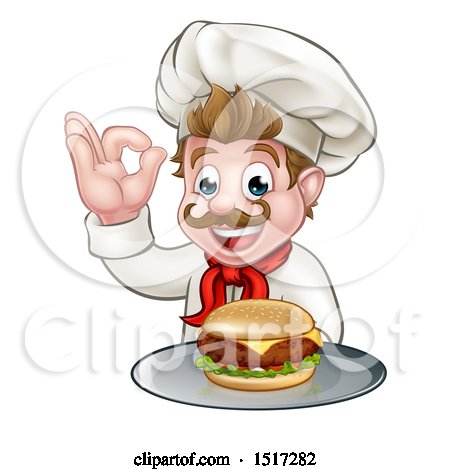 Clipart of a Cartoon Happy White Male Chef Gesturing Ok and Holding a Cheeseburger on a Tray - Royalty Free Vector Illustration by AtStockIllustration