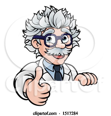 Clipart of a Cartoon Senior Male Scientist Giving a Thumb up over a Sign - Royalty Free Vector Illustration by AtStockIllustration