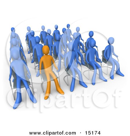 Orange Person Standing Out In A Crowd Of Blue People Seated In Chairs During A Staff Meeting Clipart Illustration Image by 3poD